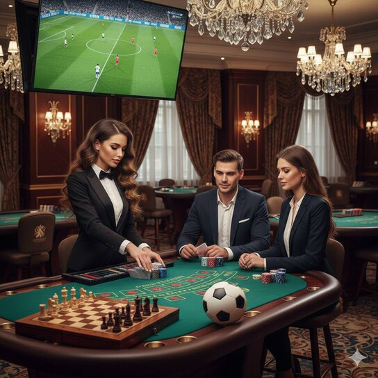 A dazzling virtual casino cityscape at night, with sparkling golden lights and grand architecture, signifying premium social gaming.